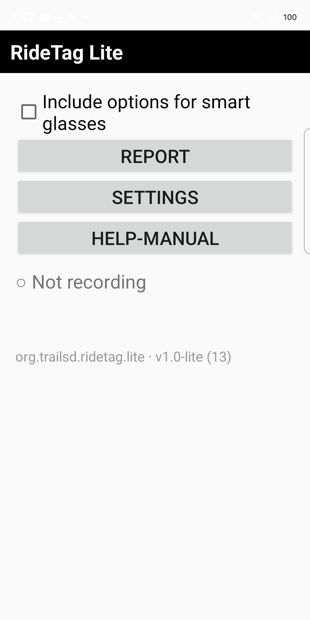 RideTag Lite main menu